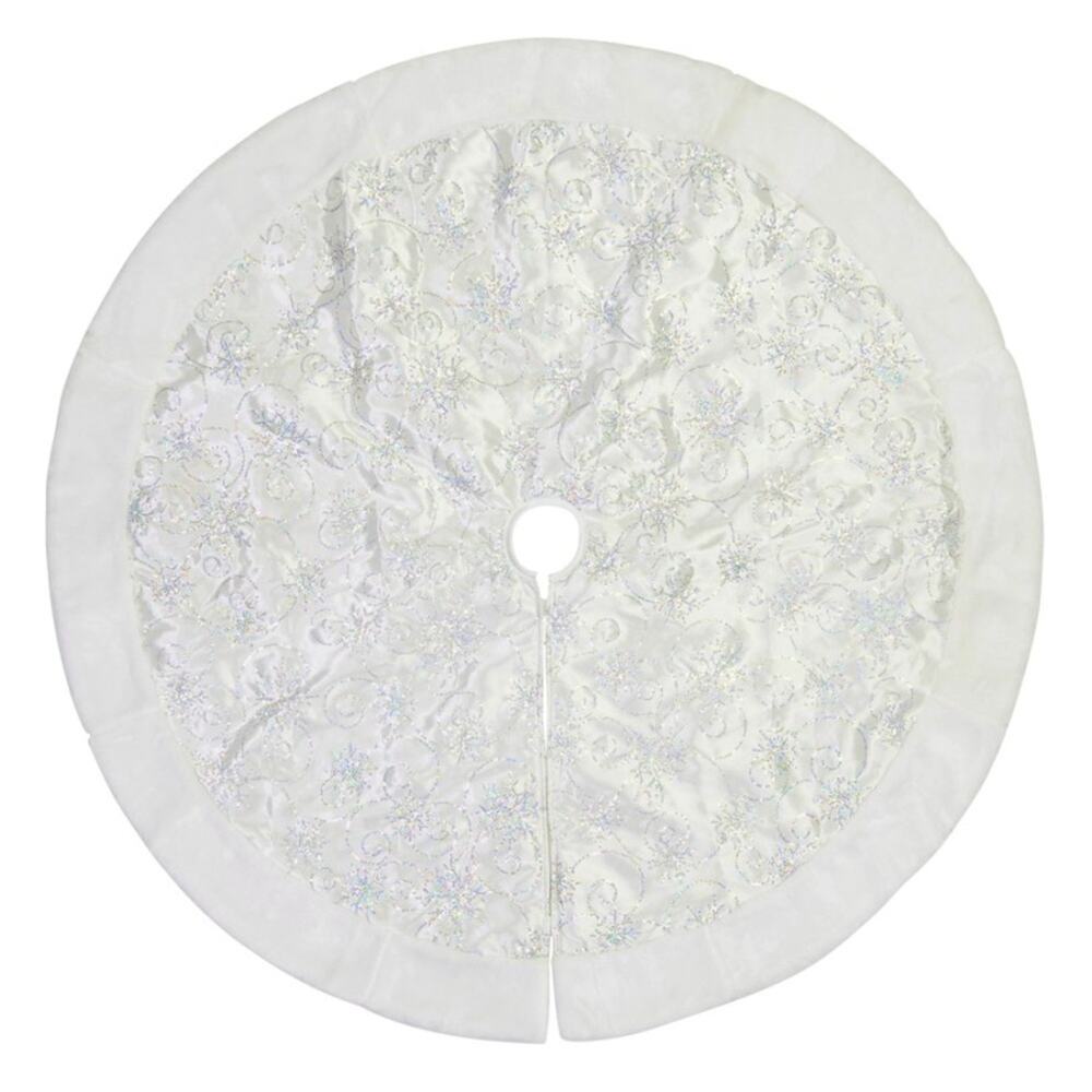 Faux Fur Trim Christmas Tree Skirt, White With Sequin Swirl Pattern - 1.2m NWOT